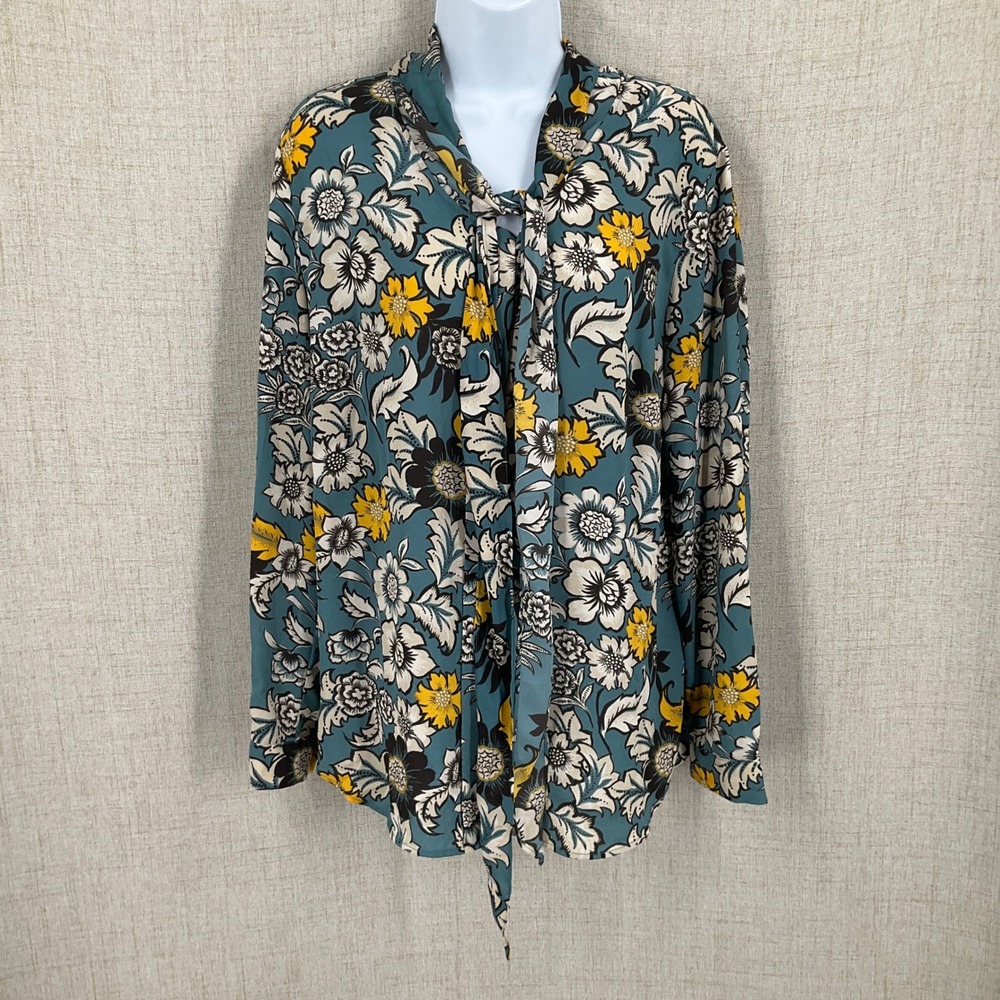 Talbots Blouse Womens L Teal Floral Tie Neck Long Sleeve Preppy Botanical Office